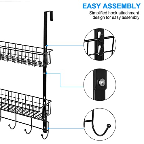 Nex Over The Door Hooks Organizer Hanger, Coat Hooks Towel Rack With 2 Mesh Basket 5 Hooks Hanging Storage Spice Rack Rustproof For Bathroom Bedroom Kitchen Back Of Door Storage Shelves, Black #TOP2