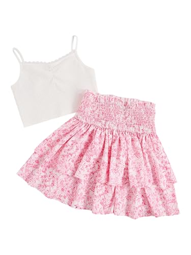 Image of RoseSeek Girl's 2 Piece Outfits Lace Ruched Camisole Tops and Shirred High Waisted Layered Floral Skirts Set