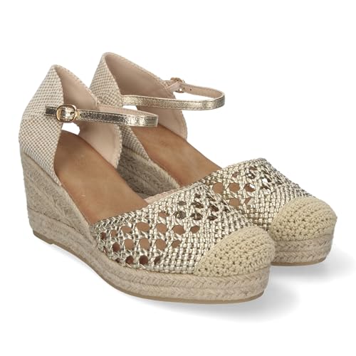 shoes&blues.es 84223 Sandalia de Cuna para Mujer, Comodas y Elegantes, Forrada de Yute, con Pala Calada, y Cierre de Hebilla. Oro Talla 38