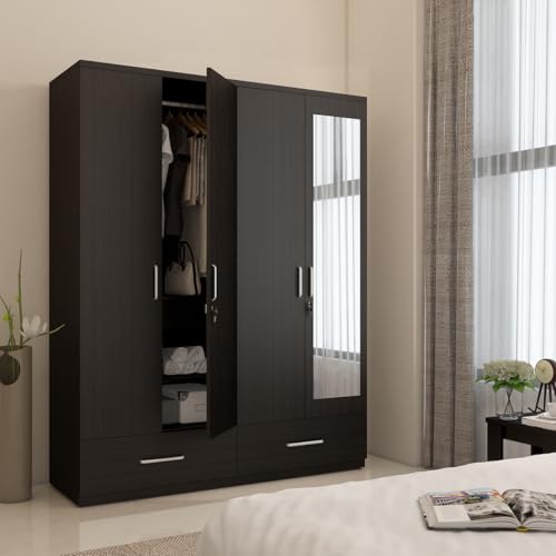 Image of Spacewood Linden Wardrobe | 3 Year Warranty | Almirah, Cupboard, Almari, 4 Door Wardrobe with Mirror, 3 Drawer (1 Lock Drawer) and 2 Hanging Space & 1 Internal Locker |Engineered Wood| Natural Wenge