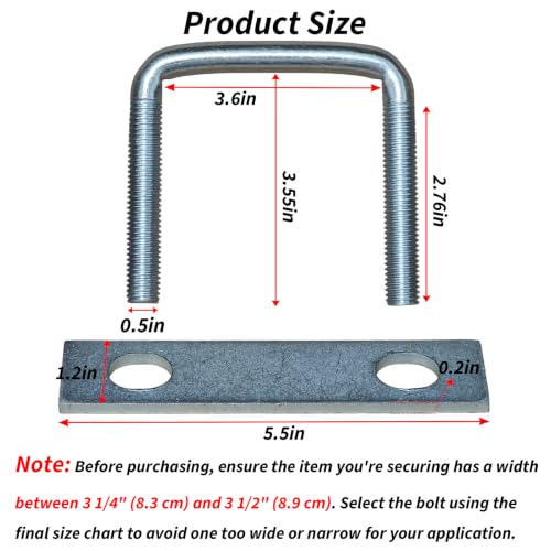 4 Pack Square U-Bolts for Trailer- Galvanized Steel Clamp Set, Fits 2/2.5/3/3.5/4 Inch Wide Leaf Springs, 0.5in Heavy Duty Large Diameter U-Bolt (3.5in Inner Width) by WLFAGU - Used condition - Image 2