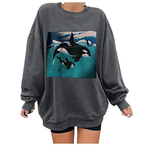 SHITOUJI Pull pour femme avec imprimé baleine - Pull à manches longues - Décontracté - Oversize - Automne et hiver - Pour adolescentes, 06 Gris, M Cover