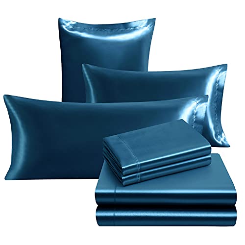 Image of Ersmak 7 Pieces Satin Sheets Set King Size, Luxury Silky Navy Blue Satin Bed Sheets Set with 1 Deep Pocket Fitted Sheet, 1 Soft Flat Sheet, 4 King Pillowcases and 1 Body Pillowcase