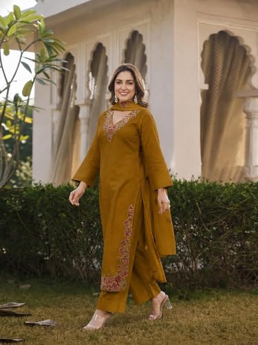 Image of ANNI Designer Kurta Sets for Women Viscose Blend Embroidered | Kurta Palazzo Dupatta Set | Designer Kurti Set for Women | V Neck Full Sleeve Ethnic Suit | Indian Kurta Outfit with Palazzo Pants