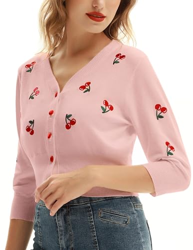 Image of Belle Poque Women's 3 /4 Sleeve V-Neck Button Down Cherries Embroidery Cropped Cardigan Sweater Coat