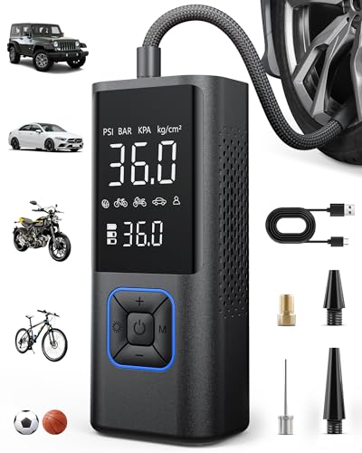 Image of Powools Cordless Tire Inflator 150PSI Portable Air Compressor with Auto Shutoff, Air Pump for Car Tires, Motorcycle, Bike, Balls, Inflatables, LED Light, Blue, Large Capacity