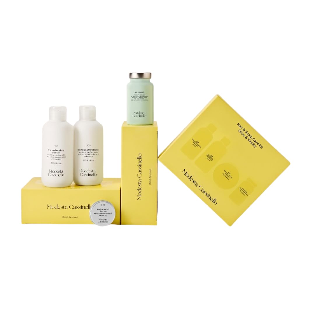 Modesta Cassinello – Pack Cuidado Capilar – Champú Brillo y Vitalidad + Acondicionador Revitalizante + Champú Sal Marina 20g + Hair Boost – Rutina Completa – Cabello Apagado, Sensible y Teñido