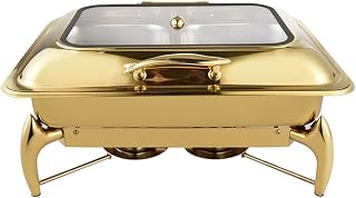 10L Stainless Steel Thickened Buffet Stove, Commercial Hotel Restaurant Breakfast Heating Furnace, Hydraulic Transparent Cover Buffet Stove, Chafing Dish Buffet Set, Gold（Full Size）