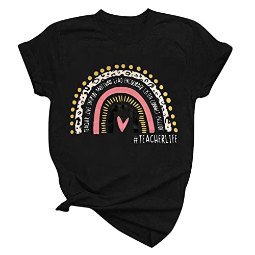 Women Summer Teacher Life Heart Graphic Print Short Sleeve Shirt Travel Shirt Tops Short Women Black #TOP6