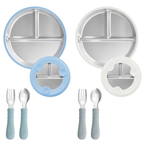 2 Pack Stainless Steel Kids Plates with Removable Silicone Suction Sleeve,Non-Slip Divided Plates Baby Feeding Set,Food-Grad Toddlers Utensils for Led Weaning Supplies Dishwasher Safe (BU+GY)