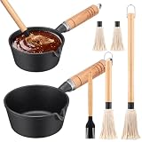 Suttmin 7 Pcs BBQ Mop Brush and Cast Iron Sauce Pot Set Include 15&24oz Cast Iron Basting Pot 2 Size Wooden Handle Sauce Mops with 2pcs Replacements and Oil Brush for Meat Smoker Melting Camping