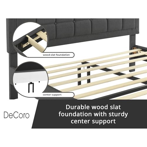 Image of Decoro Mornington Upholstered 2.0 Platform Bed, Button-Tufted Fabric Headboard and Metal Frame with Wood Slat Support, Dark Grey, Queen