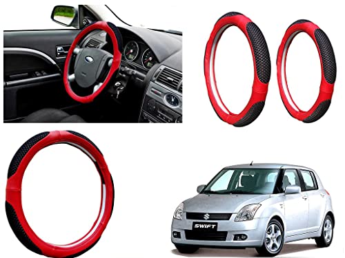Image of Microfiber Car Steering Wheel Cover, Soft Padding Great Hand Feel, Anti-Slip, Faux Leather Steering Cover for Maruti Suzuki Swift Type1 | Black Red Jali - Pack of 1