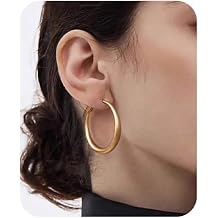 Gold Hoop Earrings for Women Matte Chunky Gold Hoop Earrings Hypoallergenic 925 Sterling Lightweight Loops Thick 40mm/50mm/60mm Hoop Earring Minimalist Style Jewelry Gifts
