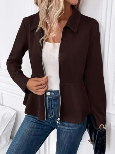 Image of Leriya Fashion Peplum Zip-Up Jacket for Women Summer Wear | Long Sleeve Collared Slim Fit Summer Jacket for Women Stylish | Top with Front Zipper Closure | Stylish Waist Flare| Casual and Office Wear