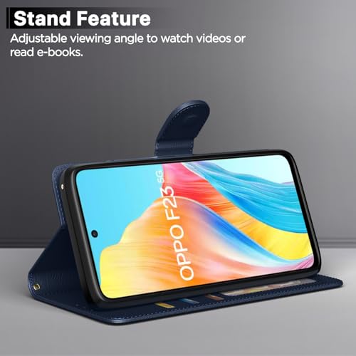 Image of Pikkme Oppo F23 5G Flip Cover Leather Finish | Inside TPU with Card Pockets | Wallet Stand and Shock Proof | Complete Protection Flip Case (Blue)