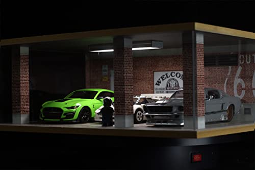 Image of Lego Cars Speed Champions Display Case with Acrylic Cover and LED Lighting for 1 /24 Scale Diecast Cars, 3 Parking Spaces (Route 66)