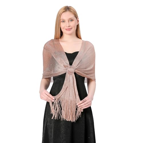 Image of Stoles for Evening Dress with Buckle, Fringes - Polyester Blend, Shimmer Stole Wraps for Weddings, Party | Women's Clothing