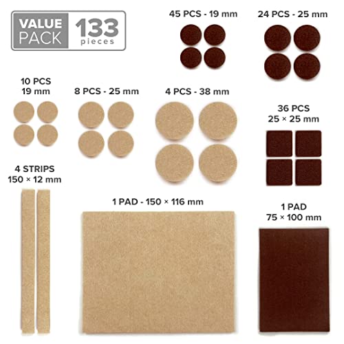 X-PROTECTOR Premium Two Colors Pack Furniture Pads 133 Piece! Felt Pads Furniture Feet Brown 106 + Beige 27 Various Sizes - Best Wood Floor Protectors. Protect Hardwood & Laminate Flooring