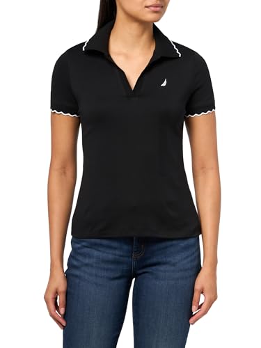 Nautica Women's Jeans Short Sleeve Scalloped Polo Shirt, Black, Medium
