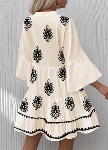 Image of Opemiby Summer Dresses for Women 2026 Flowy Ruffle 3 /4 Sleeve V Neck Tiered Casual Babydoll Boho Beach Mini Dress