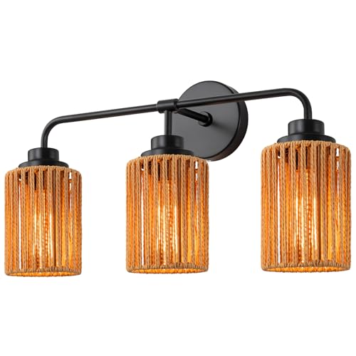 Image of 3-Light Bathroom Vanity Light Fixtures, Rattan Bathroom Lighting Fixtures Over Mirror with Wicker Lampshades, Boho Rustic Style Wall Sconce for Living Room, Bedroom