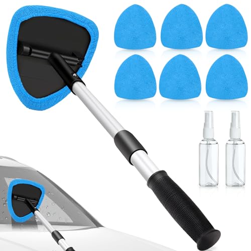 Nizirioo Limpiador de parabrisas de coche, limpiador de interior de parabrisas de coche, 9 unidades, azul retráctil, kit multifuncional con 6 almohadillas de microfibra, 2 botellas de spray, 40 cm
