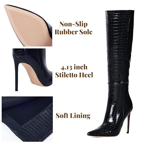 Elisabet Tang Women's Knee High Booties,4 inch Stiletto Heel Pointed Toe Wide Calf Boots Faux Leather Comfortable Combat Booties Shoes Black Grain Size 8.52