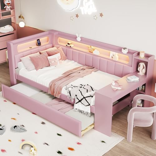 Zepneiy Lit 90x200 avec lit gigogne, Canapé lit avec USB et LED, Lit Banquette 2 Places avec sommier à Lattes et Bureau, Lit Enfant 90x200 Rose (sans Matelas)