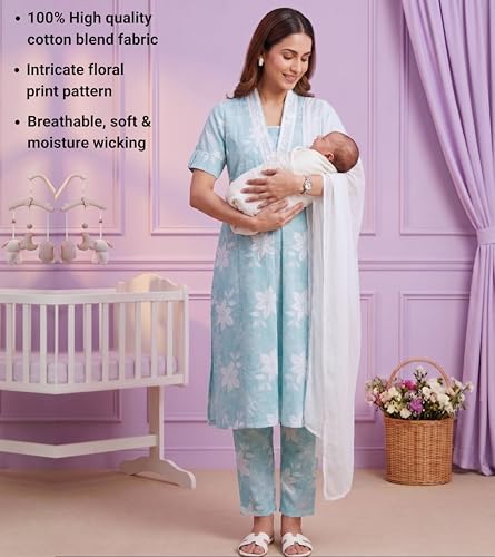 Image of DUMMY SHAPE Maternity Dresses for Women Cotton | Floral Kurta Pant Dupatta Set with Nursing Zippers, Side Pocket | Pre & Post Pregnancy | Feeding Kurti Suit | Baby Shower | Gifts for Pregnant Woman