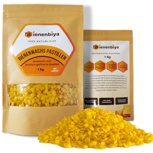 Bienenbiya® 100% Reine Bienenwachs Pastillen (1Kg) ohne Zusatzstoffe, natürliches Beeswax für Salben,Kosmetika,Seifen,Kerzenherstellung und Leder-/Holzpflege