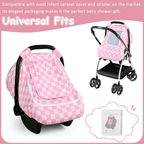 Image of Baby Car Seat Cover with Mesh Window, Windproof Carseat Cover for Infant Girls, Infant Carseat Canopy with with Dual Zipper, Compatible with Most Baby Car Seat, Pink Checkered