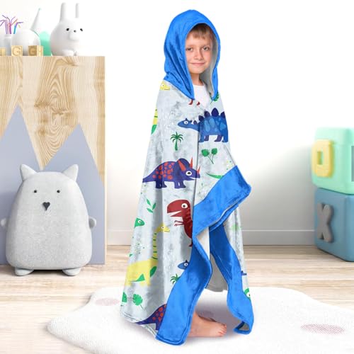 Image of Dinosaur Boys Beach Towel with Hoodie for Kids Toddlers Age 4-8,Dino Blue Bath Towels Shower Wrap for Boys, Hooded Poncho Beach Blanket for Pool Swimming Cute Wearable Bath Towel for Child