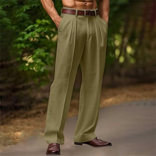 2025 Trendy Cotton Linen Pants Men Straight Leg Pleated Work Dress Pants Relaxed Fit Lightweight Summer Beach2