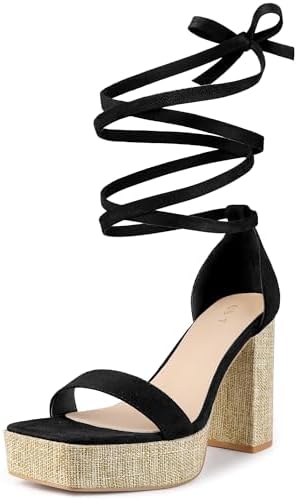 Allegra K Women's Platform Sandals Square Toe Black Chunky Heels Lace Up Sandals 8 M US