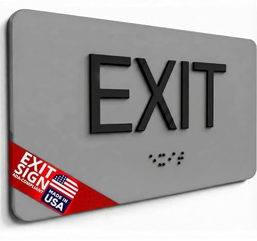 NAP TAGS ADA Braille Exit Sign Black Tactile 6 x 3 in Pearl Grey