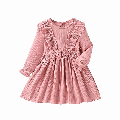Kids Girls Cotton Dresses Spring and Autumn Long Sleeve Crew Neck Dress Solid Color Bow A Line (Pink, 5-6 Years)