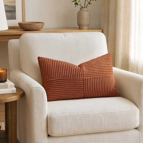 Image of MIULEE Fall Rust Decorative Lumbar Throw Pillow Covers 12x24 Inch for Couch Bed Sofa Pack of 2, Terracotta Farmhouse Earth Tones Home Decor, Soft Cross Corduroy Patchwork Textured Cushion Cases