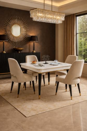 Image of WOODEN SPACE 4 Seater Wooden Dining Table Set | Urban Marble Top Dining Table with Chairs for Dining Room & Kitchen (Modern Vintage Beige) (42 x 42 x 30 inch)
