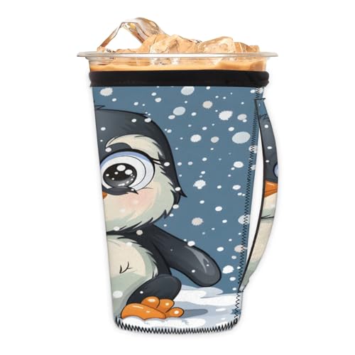 Abstract Snowflake Cartoon Penguin Reusable Neoprene Coffee Sleeve with Handle Insulated Iced Coffee Cup Holder Reduces Condensation Fits 24-28 oz Cups M