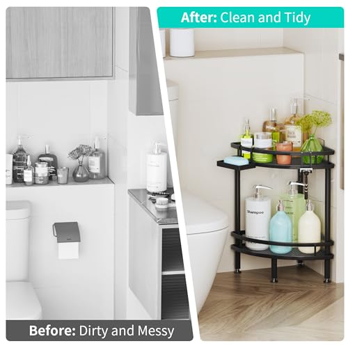 Image of HapiRm Standing Corner Shower Caddy - 2 Tier Shower Organizer Corner with Soap Holder and 2 Hooks, Rustproof Bathroom Storage Shelves with Adhesives, Black