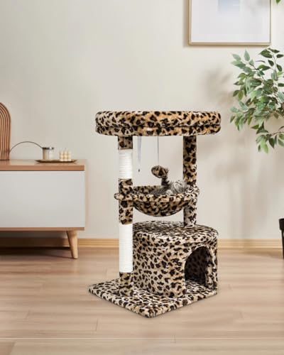 SYANDLVY Small Leopard Print Cat Tree for Indoor Cats, Cat Tower with Scratching Post, Modern Cat House with Padded Perch, Kittens Condo with Cradle, Cat Cave - Image 3