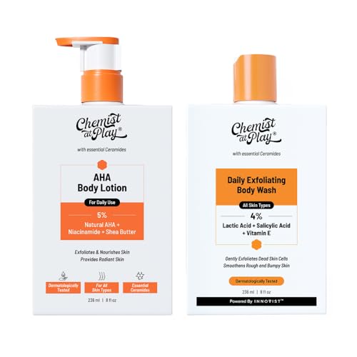 Image of Chemist At Play AHA Body Lotion & Exfoliating Body Wash Combo | With Niacinamide, Shea Butter, Lactic Acid & Vitamin E | For Exfoliating Dead Skin, Deep Nourishment & Smooth, Radiant Skin | 2 x 236ml