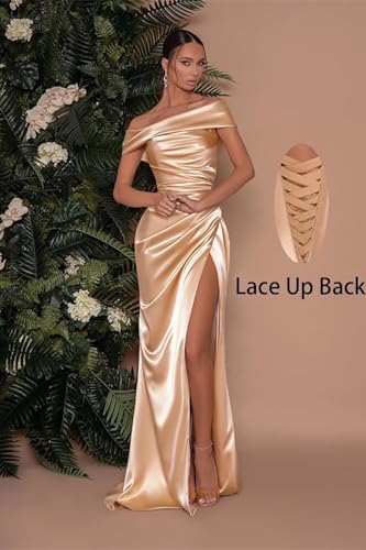 Off The Shoulder Bridesmaid Dresses with Split Satin Pleated Mermaid Long Bridesmaid Dress TM302