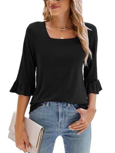 Poetsky Women's Casual 3/4 Sleeve Tops Summer Square Neck T Shirts Ruffle Loose Fit Tunic Blouses
