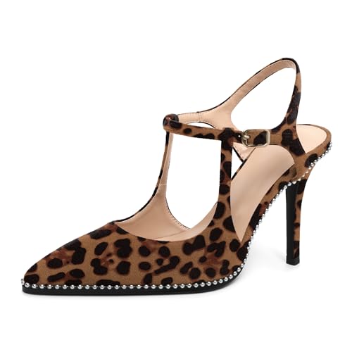 Image of SAMMITOP Womens High Heels Ankle Strap Pointed Toe Stilettos Patent Leather Beaded Pumps Dress Shoes 3.5 Inch