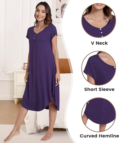 Image of NACHILA Bamboo Viscose Nightgown for Women Short Sleeve Crew Neck Sleepwear