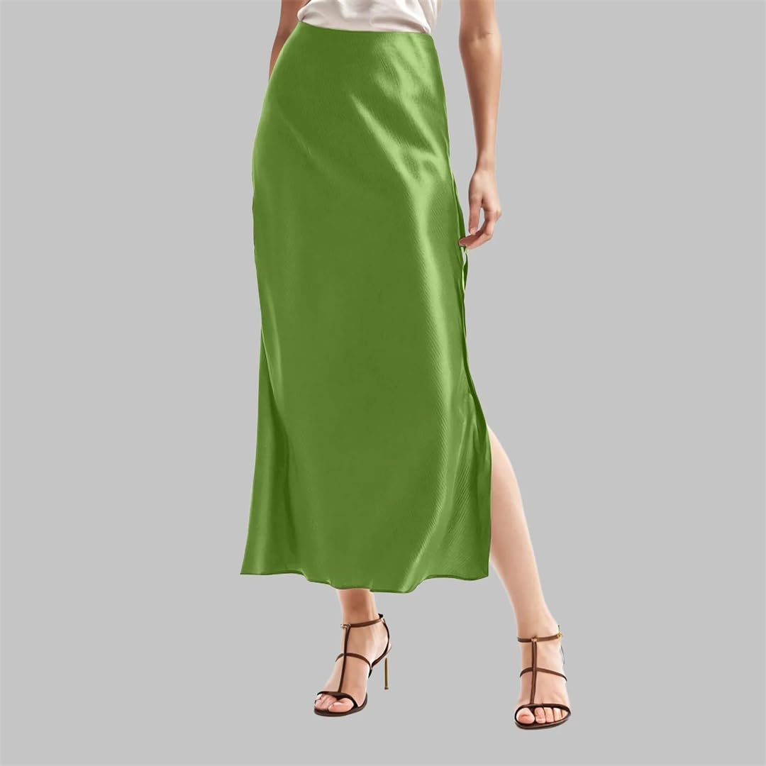 Jupes en satin taille haute solide taille élastique jupe femme fente latérale jupe en satin vintage