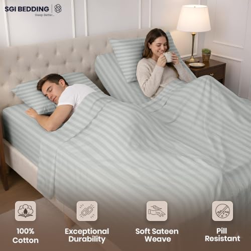 Image of SGI Split King Sheet Set for Adjustable Bed Egyptian Premium Cotton 600 Thread Count Sheet for Sleep Number Bed 15 inch Deep Pocket 5 Pc Set with 2 Twin XL Fitted Sheets Soft Breathable -Light Grey Stripe