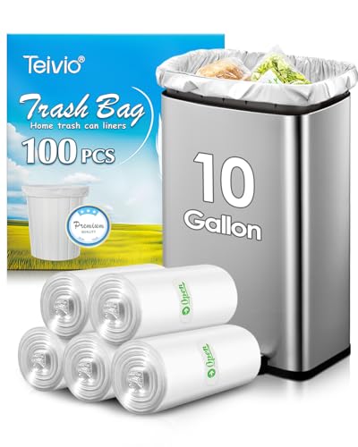 10 Gallon 100 Counts Medium Trash Bags Garbage Bags by Teivio, Bathroom Trash Can Bin Liners, Plastic Bags for home office kitchen, Clear